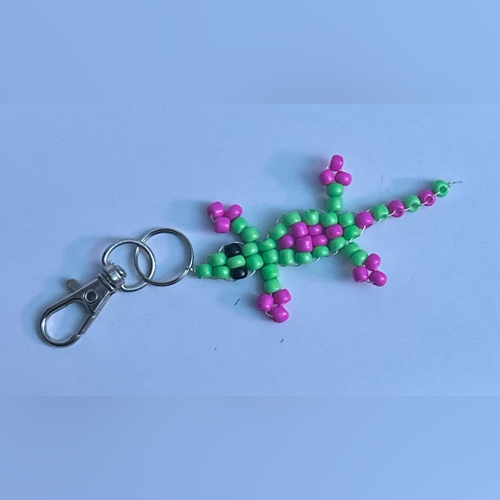 Beaded Lizard Keychain in Green and Pink